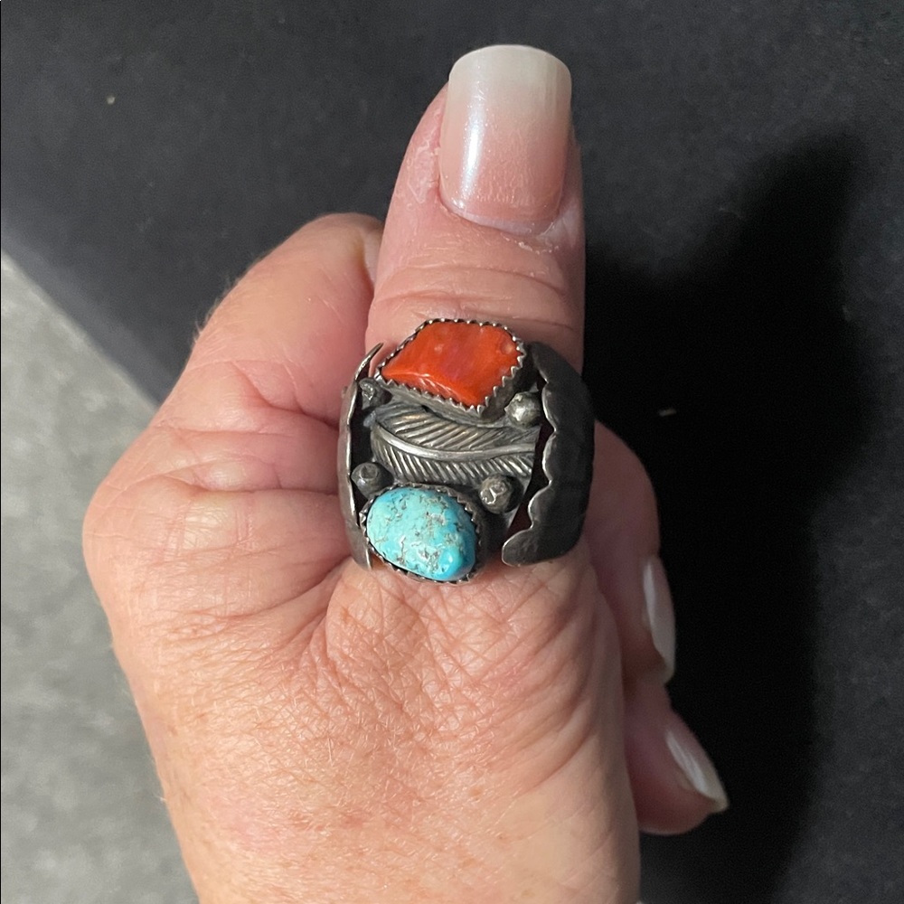 Turquoise and coral man’s ring
